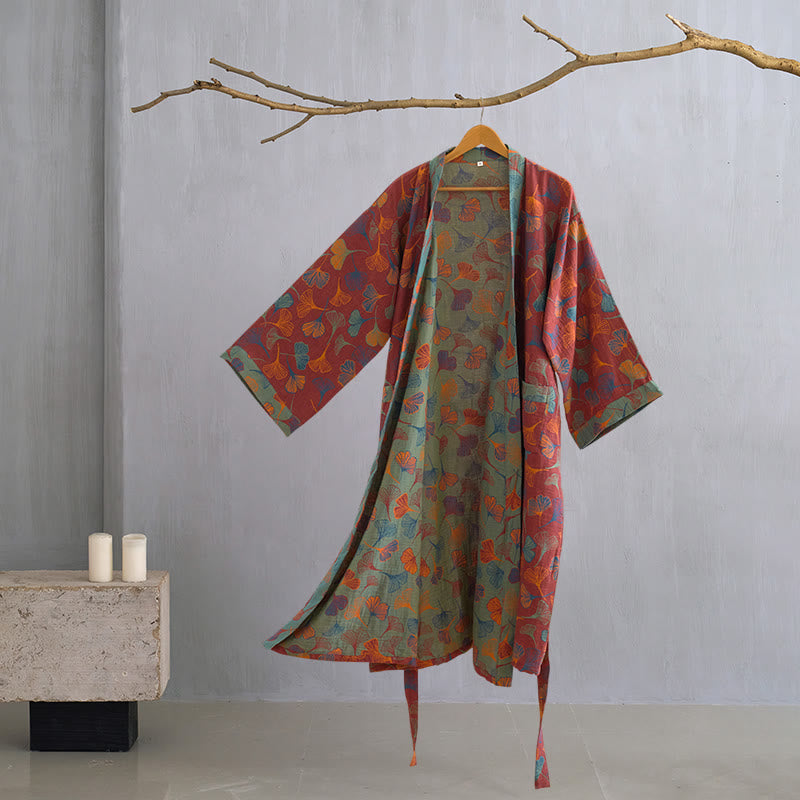 Vestaglia kimono in cotone con fantasia ginkgo biloba, lunga per casa e relax - Borgogna