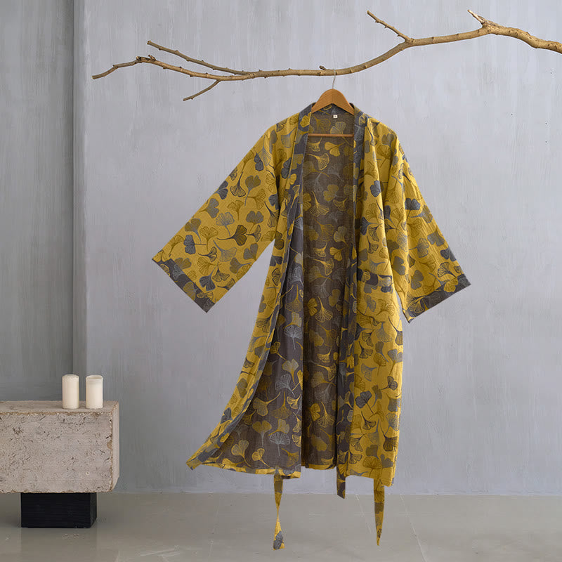 Vestaglia kimono in cotone con fantasia ginkgo biloba, lunga per casa e relax - Giallo chiaro