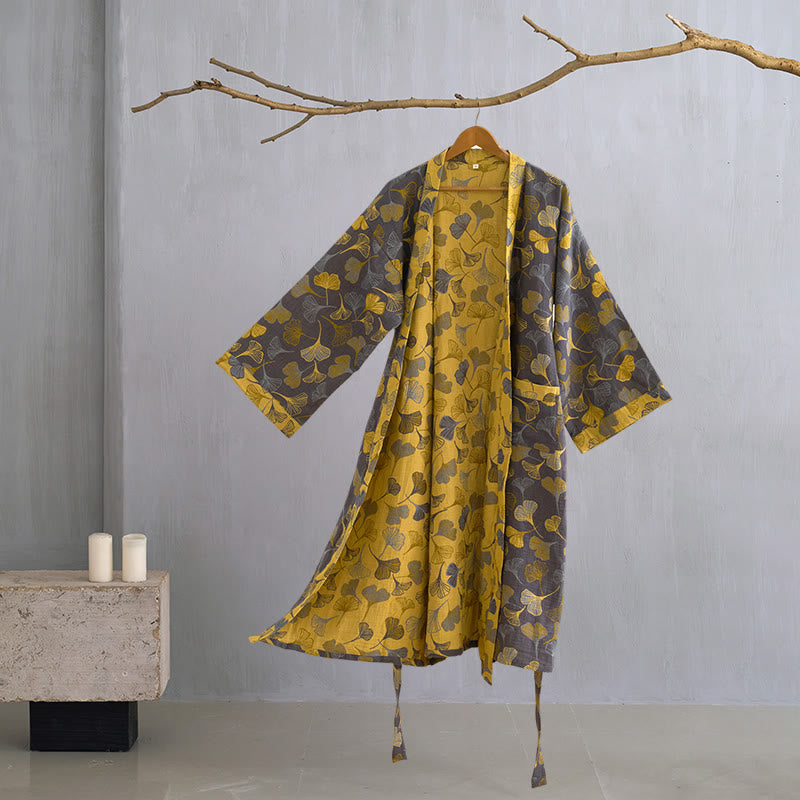 Vestaglia kimono in cotone con fantasia ginkgo biloba, lunga per casa e relax - Grigio scuro