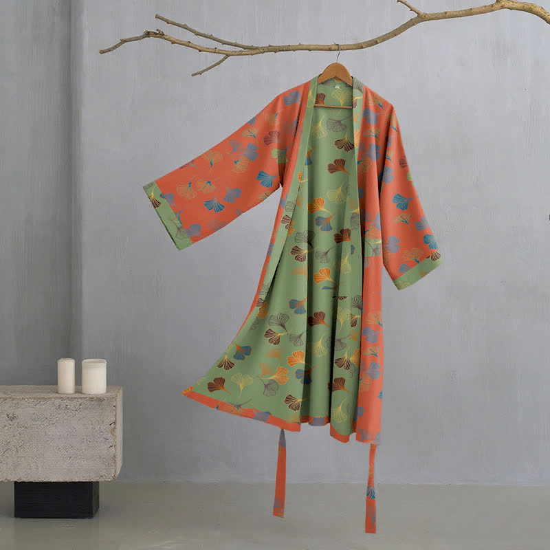 Vestaglia kimono in cotone con fantasia ginkgo biloba, lunga per casa e relax - Rosso