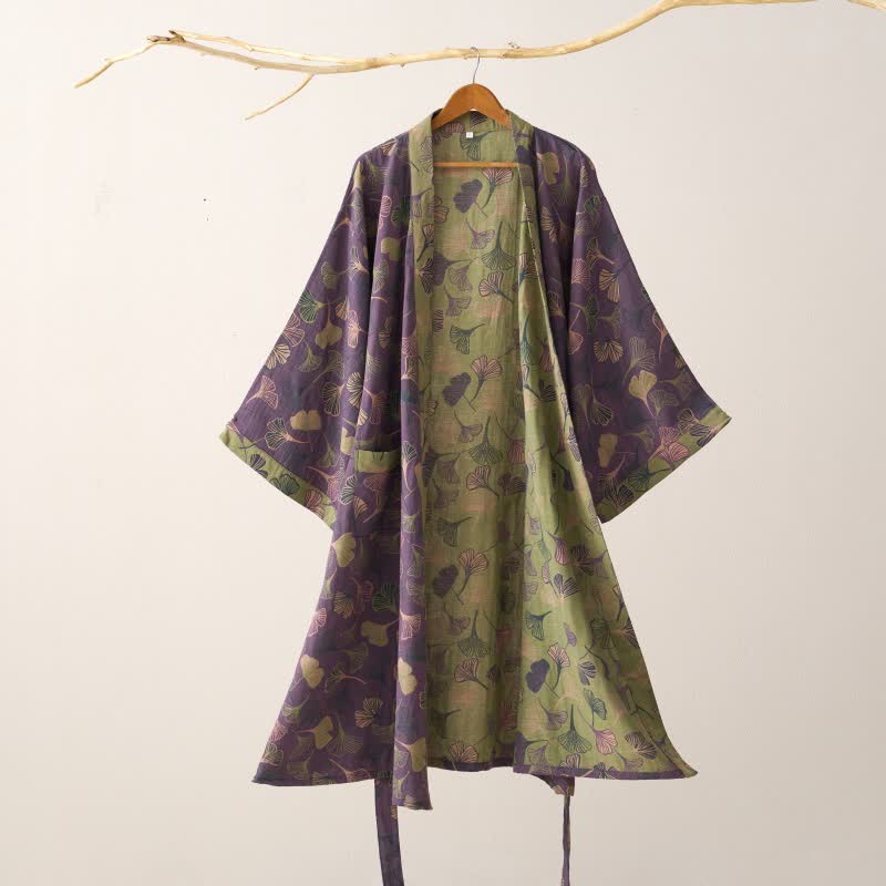 Vestaglia kimono in cotone con fantasia ginkgo biloba, lunga per casa e relax - Viola e Verde