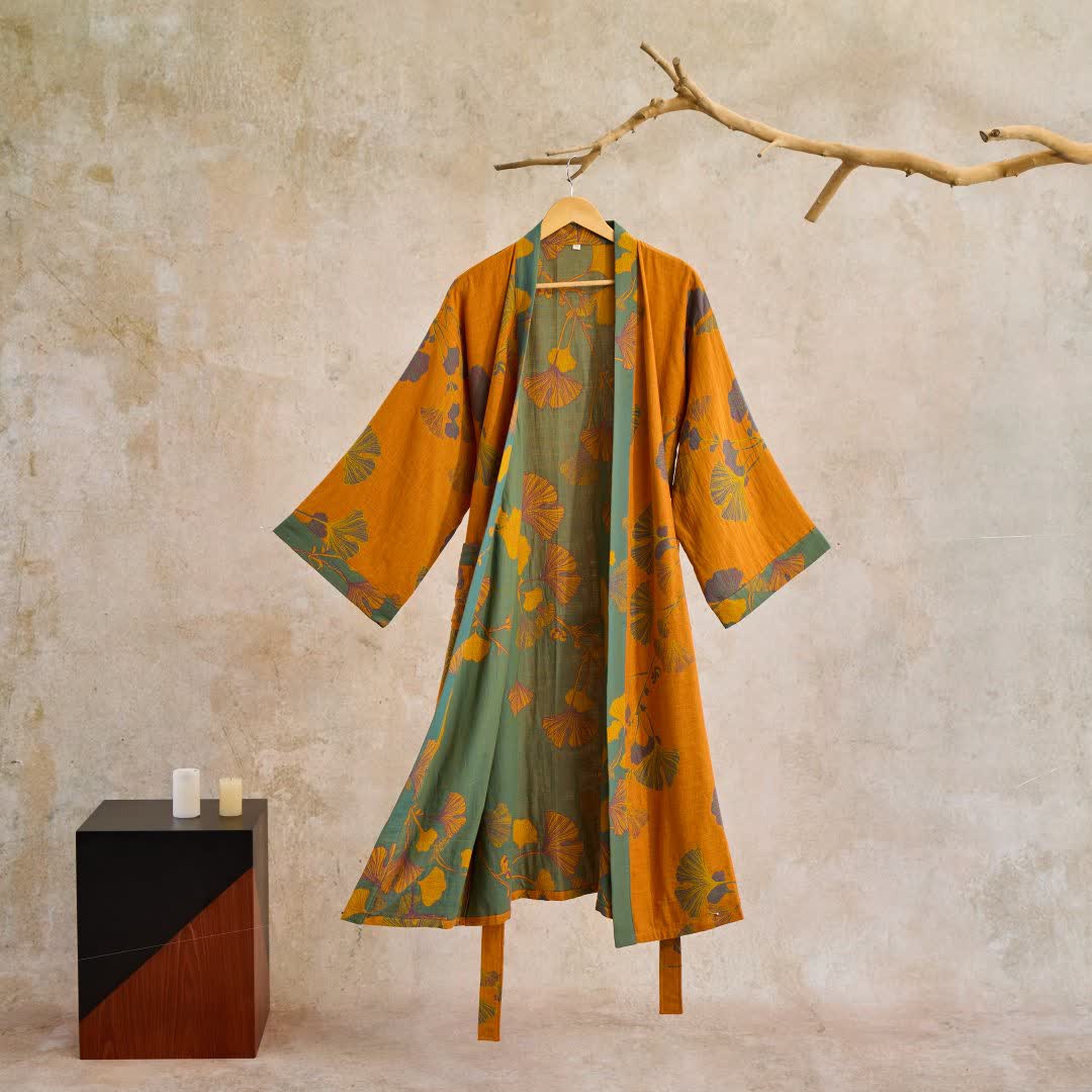 Vestaglia kimono in cotone con stampa ginkgo, reversibile - foto 15