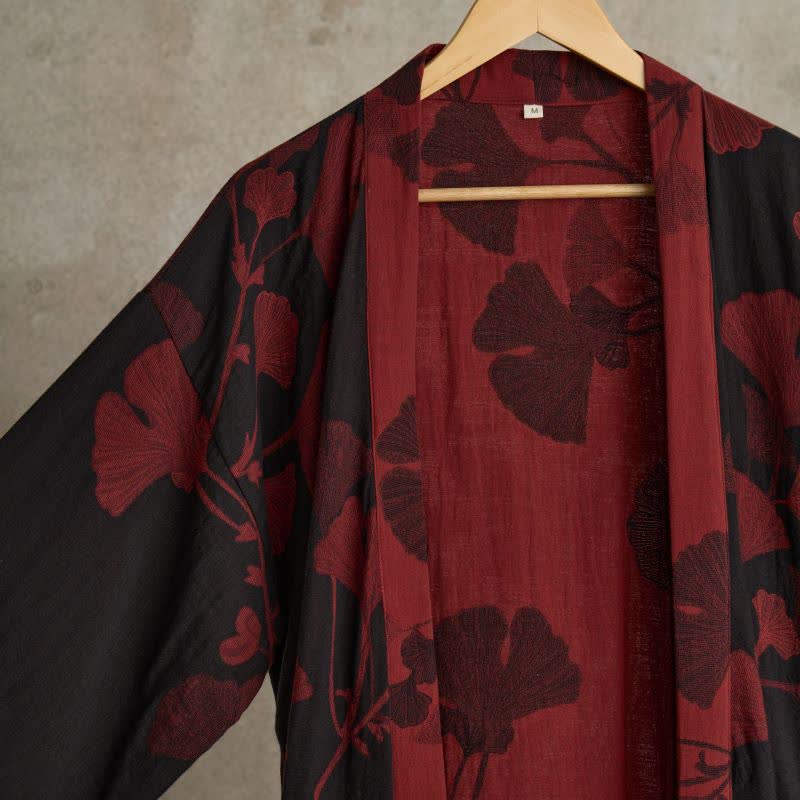 Vestaglia kimono in cotone con stampa ginkgo, reversibile - foto 3