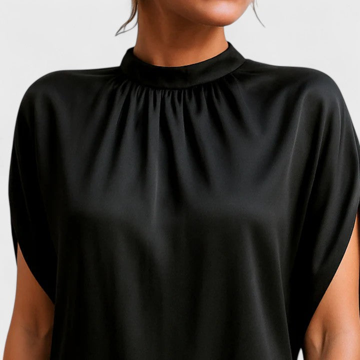 Vestito in raso da donna con collo alto e manica corta, elegante abito da cocktail, da sera e da festa - foto 4